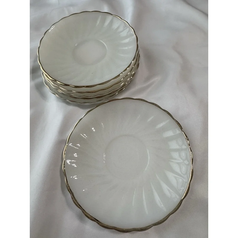 MCM Anchor Hocking Fire King Shell Gold Trim White Saucers (6)‎